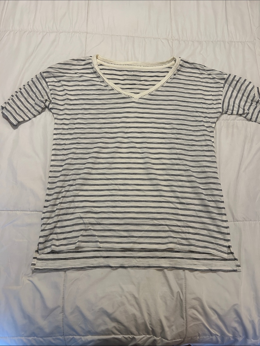 Talbots White and Black Striped V-Neck Short-Sleeve Top